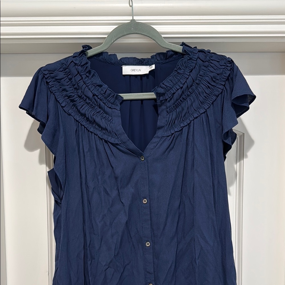 Greylin Midnight Blue Ruffled Button-Down Dress - Picture 5 of 5